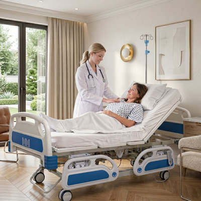  TigerKing 5 Function Full Electric Hospital Bed for Home Care, Adjustable Medical Bed with Mattress & IV Pole, 551 lbs Capacity, Trendelenburg Position, Locking Casters, for Elderly Patients Recovery