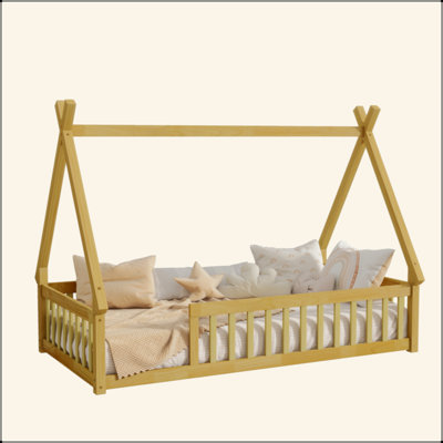 Tent-Shaped Floor Bed,Teepee Bed With Guardrails,Slats