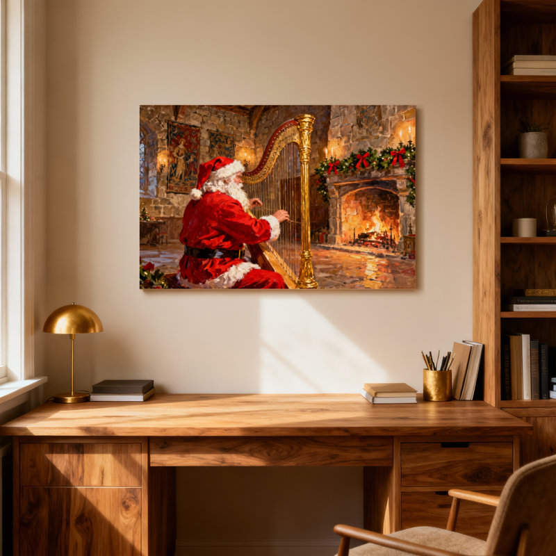 Père Noël jouant de la harpe dans une cheminée, H 24 po x l 36 po