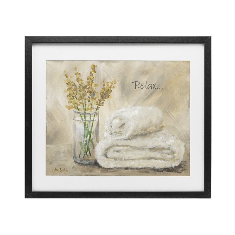 «Relax Bath Towel & Botanicals», reproduction sous verre encadrée, design par Pam Britton, Cadre noir minuit