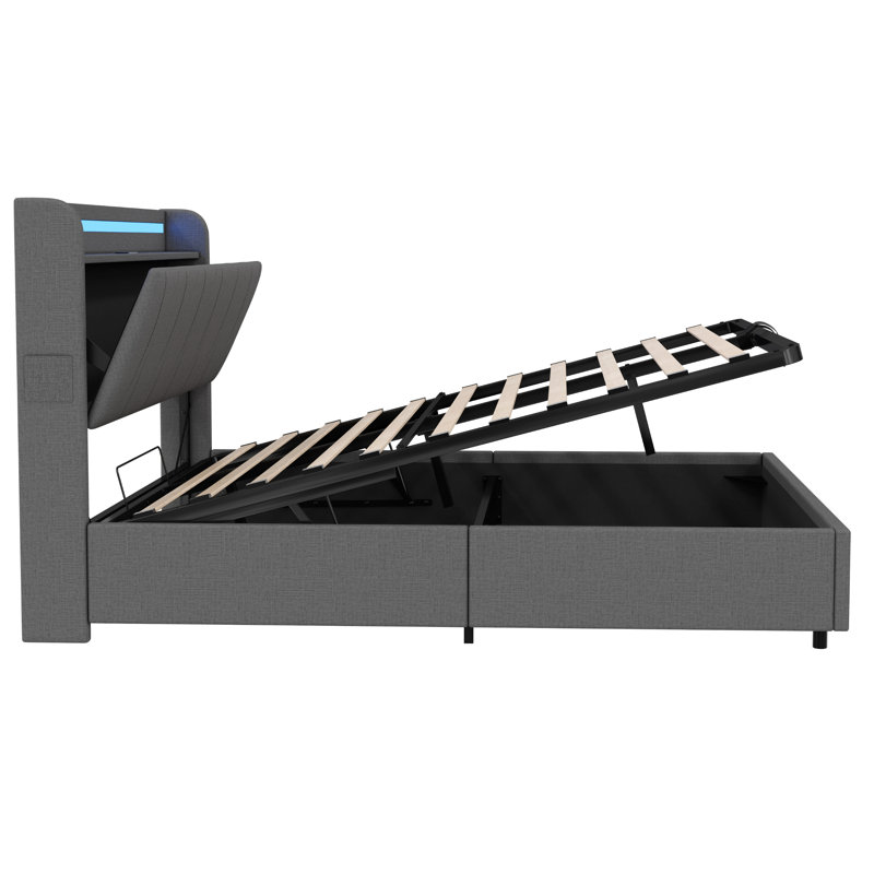 Upholstered Bed Frame With Hydraulic Storage, Grey, Kingsize (5')