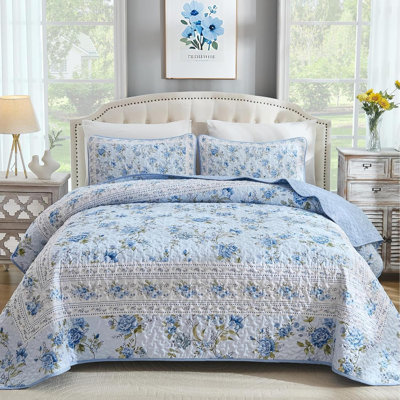 Ensemble de courtepointe pour grand lit, couvre-lit 3 pièces rose antique, ensemble de courtepointe légère en microfibre à motif floral avec 2 taies d'oreiller pour toutes les saisons | Léger, respirant, réversible