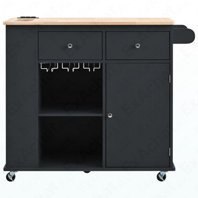Îlot de cuisine avec prise de courant, îlot de rangement avec abattant et bois d'hévéa, rangement ouvert et support à vin, 5 roulettes, avec rangement réglable pour la maison, la cuisine et la salle à manger, noir