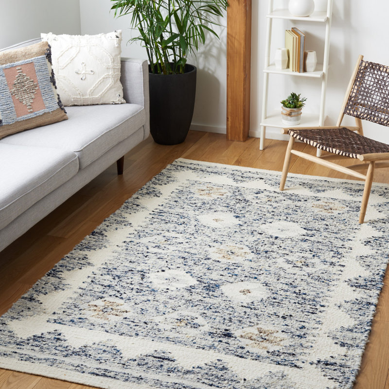Manhattan Hand Woven Wool/Cotton Southwestern Rug in Blue/Ivory, Rectangle 6' x 9'