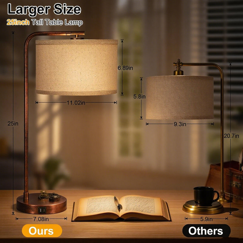 Lampe de table rétro avec interrupteur rotatif à intensité variable et ports de charge USB C + A, table de chevet de chevet, lampe de bureau pour le salon, la chambre à coucher, le bureau, comprend une ampoule DEL de 9 W