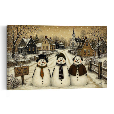 «Saltbox Village Snowmen», impression d'art contemporain contemporain fantaisiste, paysage d'hiver