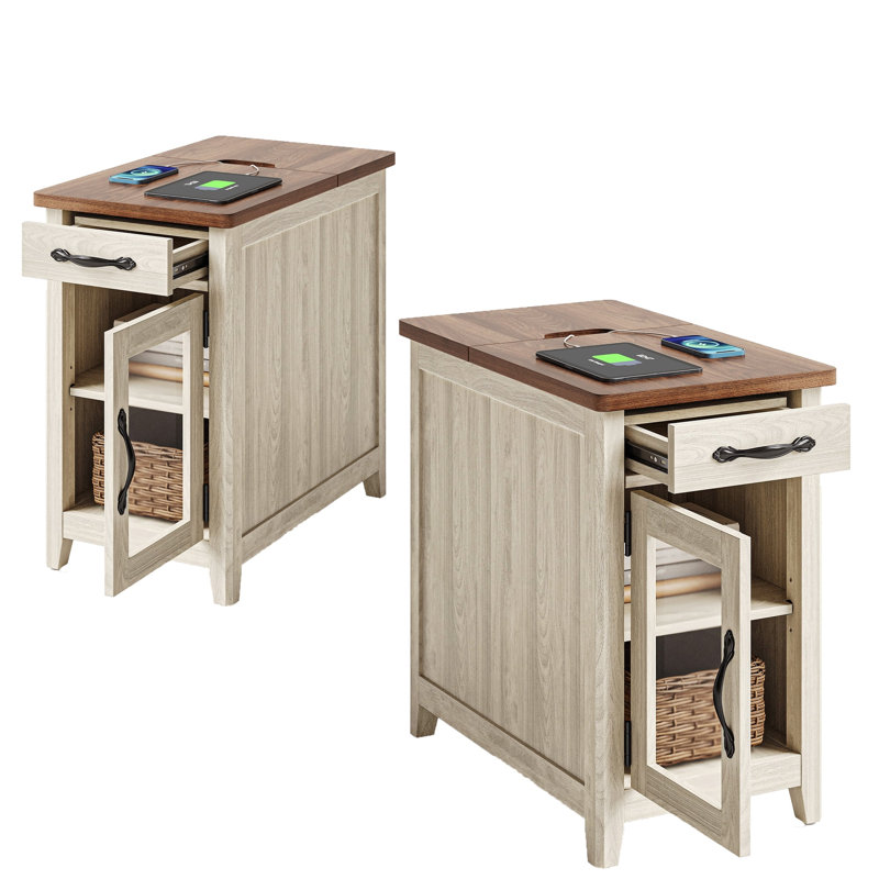 End Table With Storage And Charging Station Set Of 2, Brown/Light Gray