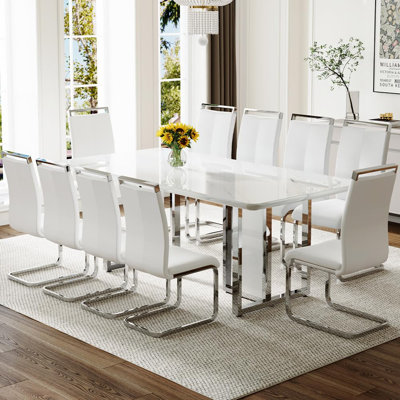White Dining Table Set For 10, 78.7" Dining Table Set With Chrome Plate Leg, Modern Kitchen Table And Chairs Set Of 10 For Dinner Room,High Glossy,Sturdy Structure