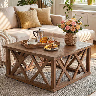 39.37-Inch Solid Wood Square Coffee Table with Reinforced X-Frame, Farmhouse Low Center Tea Table for Living Room