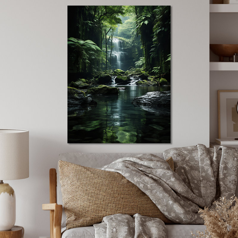 Cascade cachée, forêt d'oasis II - paysages, impressions sur art mural en métal, H 32 po x l 16 po