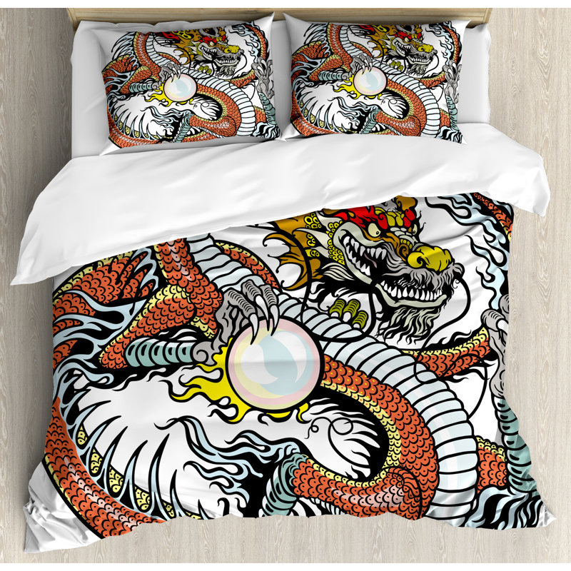 Multicolor Dragon Queen Size Microfiber Duvet Cover Set