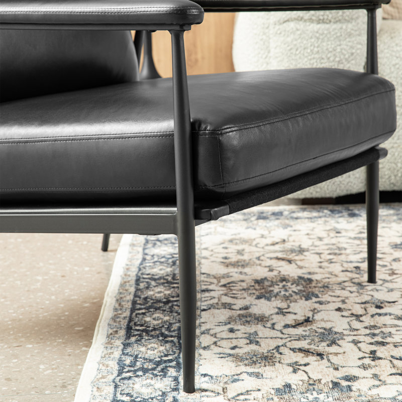 Mid-Century Modern Leatherette Armchair With High Back And Padded Arms, Black Faux Leather