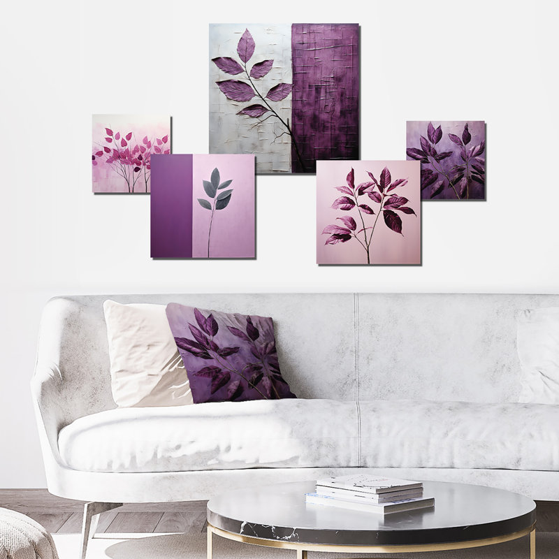 Magenta Motion Leaf - ensemble d'art mural 5 feuilles style minimaliste