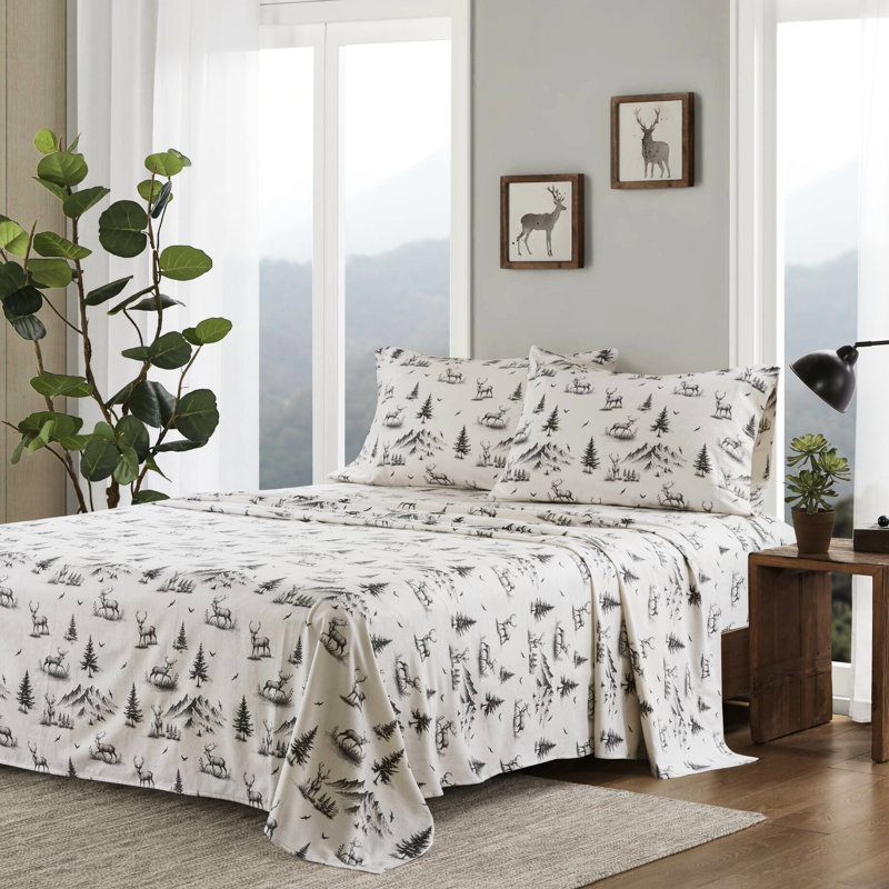 4 pièces de drap-housse en cerf gris 100% flanelle de coton pour lit simple / double 12 po (grand / très grand) / 14 po de profondeur avec 2 taies d'oreiller élastiques lavables à la machine - pas de problème pour les matelas 1 facile d'entretien