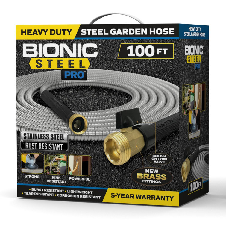 Bionic Steel Pro 100 Foot 304 Stainless Steel Metal Garden Hose with Brass  Nozzle, Crush Resistant