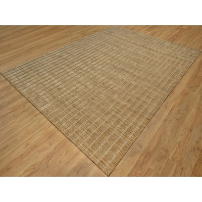 Tapis oriental brun, chameau tissé à la main 9 pi x 12 pi 1 po, rayures verticales avec effet sel et poivre, tapis oriental