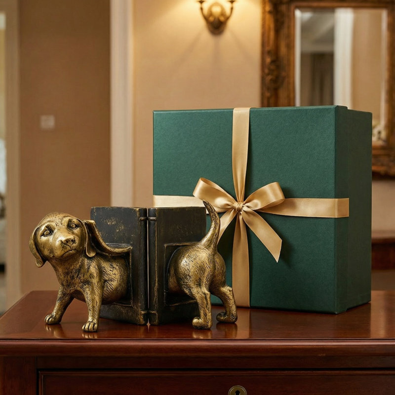 2Pcs Resin Cuty Puppy Bookends,  Sulptural Dog Book Holders With Heavy Duty & Non-Slid Pads