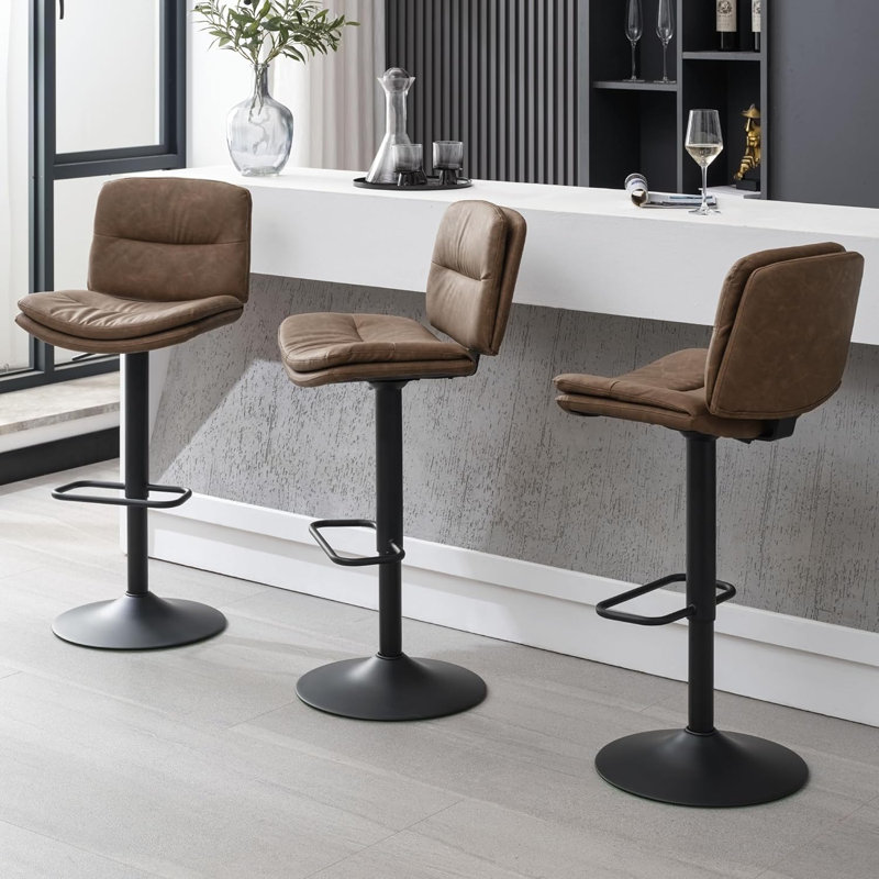 Double-Layer Upholstered Swivel Adjustable Height Bar Stool (Set of 3), Brown, 3