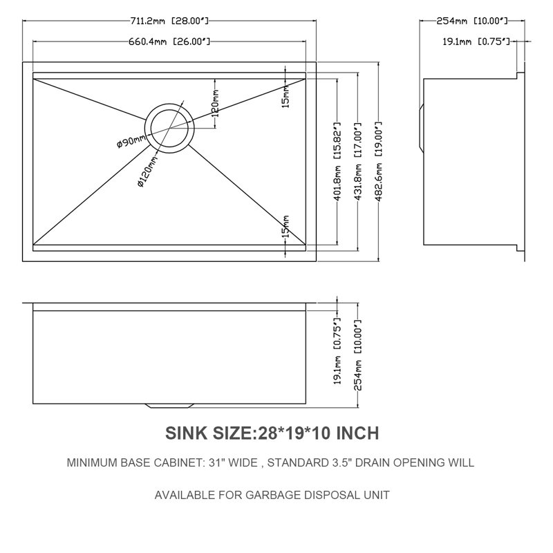 28 L x 19 W Undermount Kitchen Sink with Basket Strainer