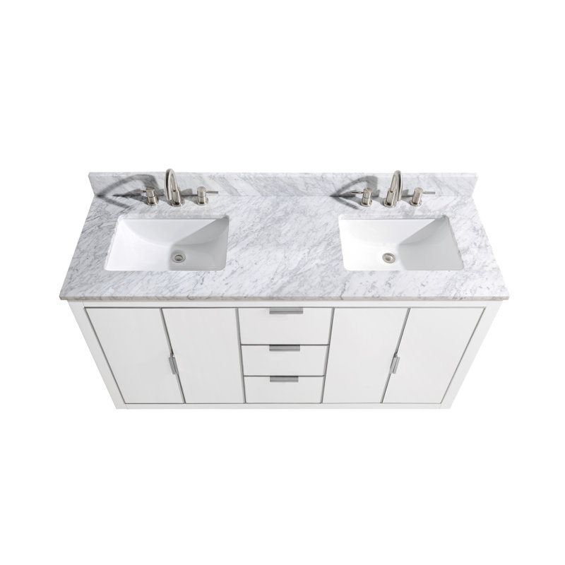 Austen 61'' W Double Vanity, White, Carrara White Marble/Silver