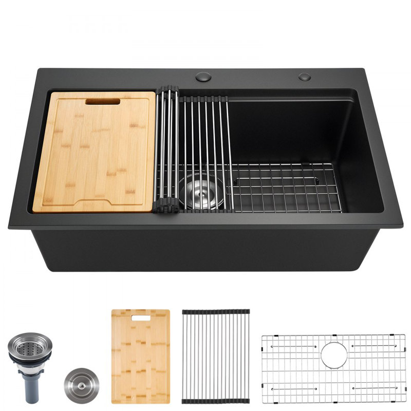 33 inch Kitchen Sink Workstation, Top Mount Granite Sinks, Drop-In Single Bowl Farmhouse Basin with Multiple Accessories, Household Dishwasher Sink for RV, Prep Kitchen, and Bar (Black)