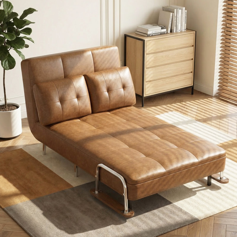 Boneless Convertible Faux Leather Sleeper Chair, Modern Fold-Out Sleeper Loveseat Bed with Wood Armrests