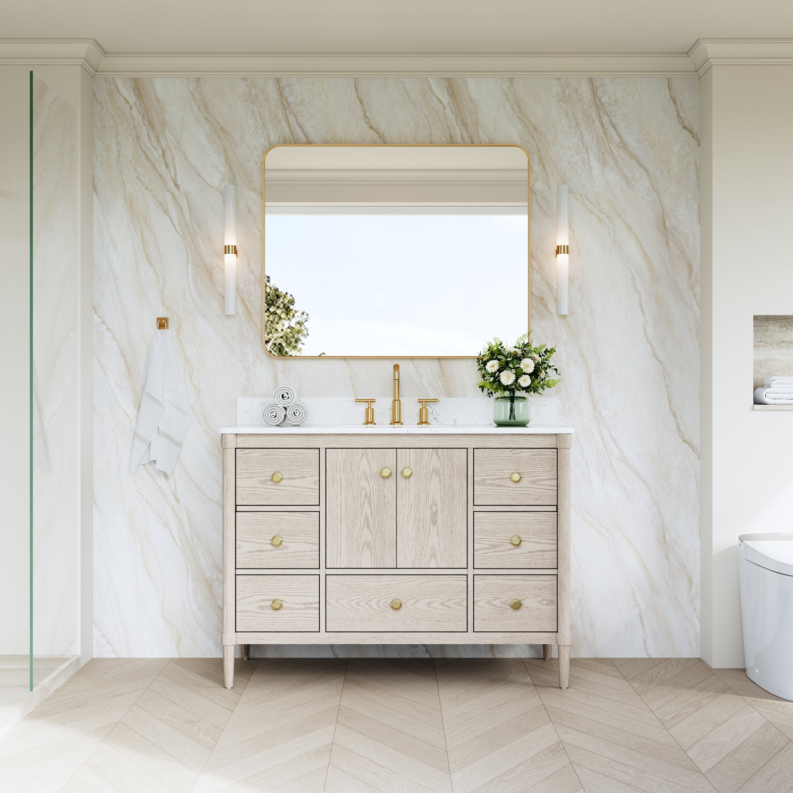48"W X34''H Solid Wood Bathroom Vanity With Carrera White Quartz Top And Single Sink