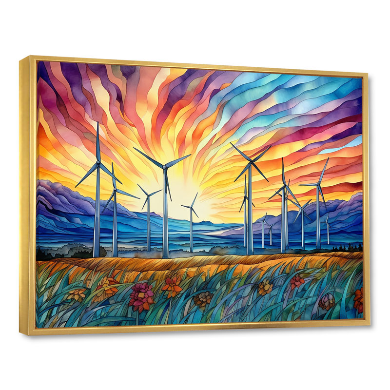 Éoliennes au lever du soleil, H 16 po x l 32 po x P 1 po, Cadre flottant doré