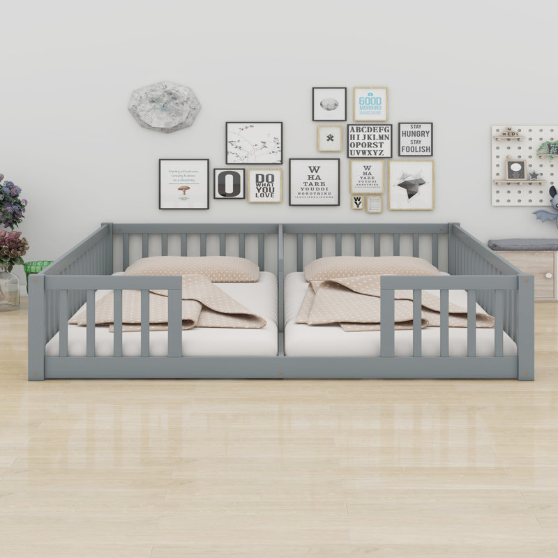 Double Floor Bed With Fence, Guardrails, Grey