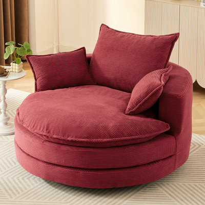 Fauteuil d'appoint pivotant rond rouge 360 avec coussin double couche à assise profonde, coussin de soutien, mécanisme silencieux, revêtement en velours côtelé pour se détendre dans le salon ou le système de coussin de salon de bureau,