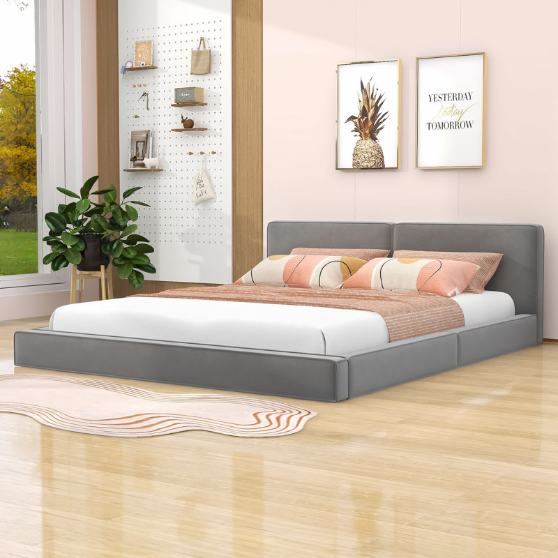 Grand lit plateforme tapissier en bois avec tête de lit, gris