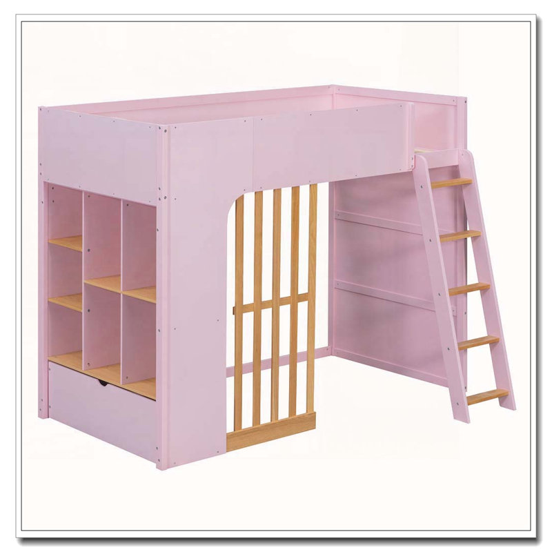 Lit mezzanine avec tablettes, lit mezzanine en bois avec échelle et tablettes de rangement, Twin, Pink + Natural