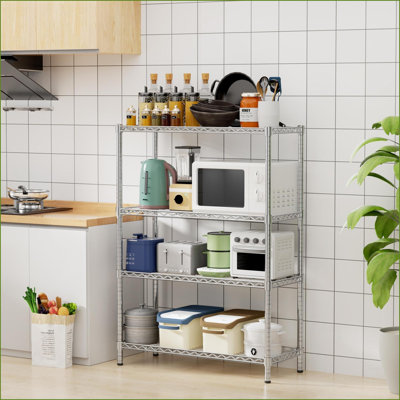 Support de rangement industriel à 4 niveaux en métal | 350 lb par tablette | Chrome argenté | Réglable | L 36 po x P 14 po x H 54 po | Chrome / métal