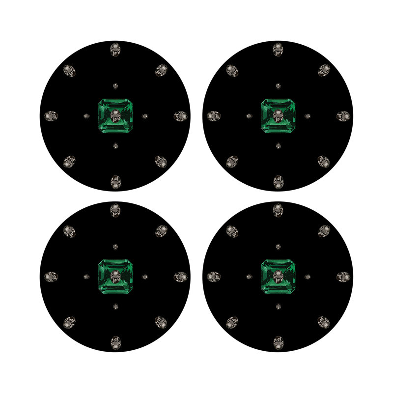Asscher Purple Rain Vegan Leather Round Coasters, Black