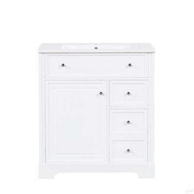 Meuble-lavabo de 30 po avec comptoir, meuble-lavabo avec porte et deux tiroirs, planches en panneau de fibres à densité moyenne, bois massif, un paquet