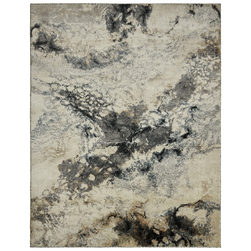 Strato Marble Terrain Abstract Grey/Cream/Gold Area Rug, Rectangle 8'6" x 11'6"