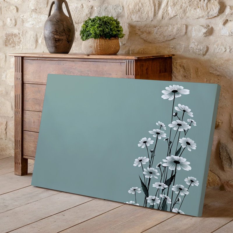 Toile, composition minimaliste composée de fleurs blanches délicates avec de petites fleurs et de fines tiges vert foncé fixées contre une toile