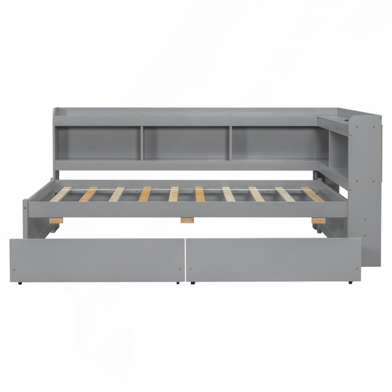 Lit simple en forme de L avec bibliothèques avec prises de courant, ports de chargement USB, deux tiroirs, Lit simple, Gris