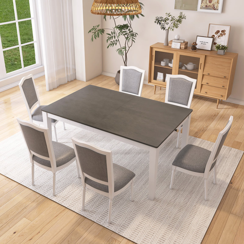 7-Piece Extendable Dining Table Set, White/Gray