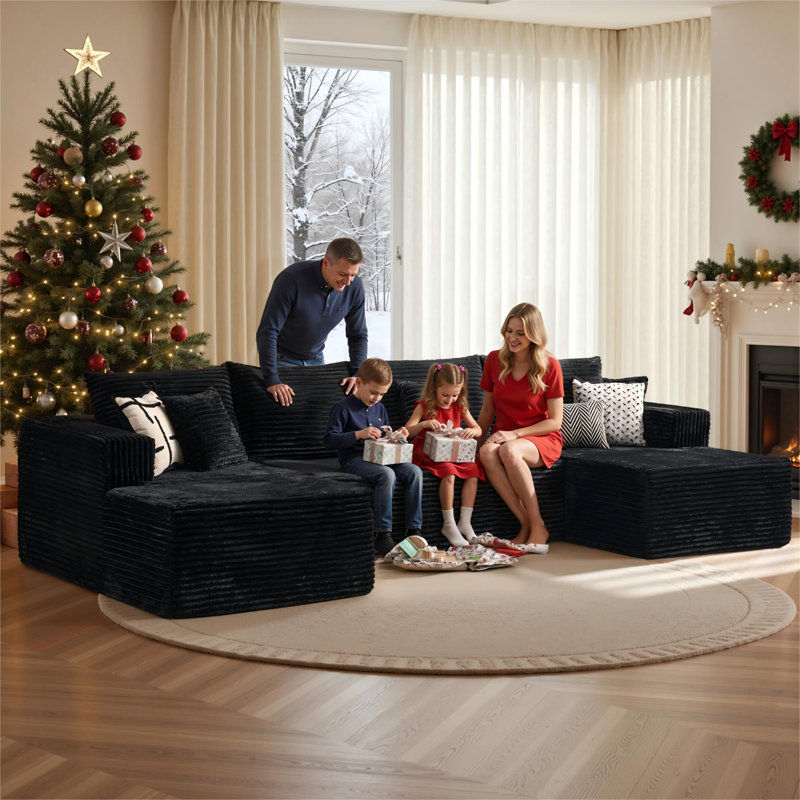 Compression Packed 3-piece Cloud Modular Sectional Sofa In Boneless Corduroy – No Assembly Required, Black Polyester/Corduroy