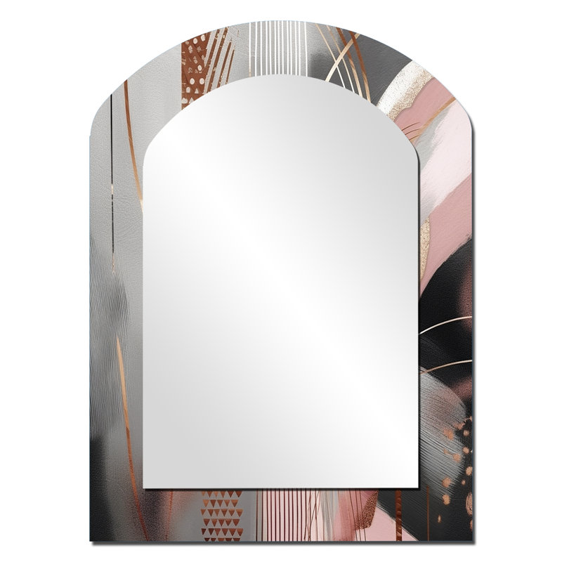 Pink Rosegold Circle Complexity I - Transitional Shapes Arch Decorative Mirror, Modern Asymmetrical Large Wall Mirror, Printed Metal Art