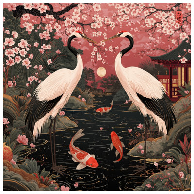 Cherry Blossom Cranes Koi Comforter