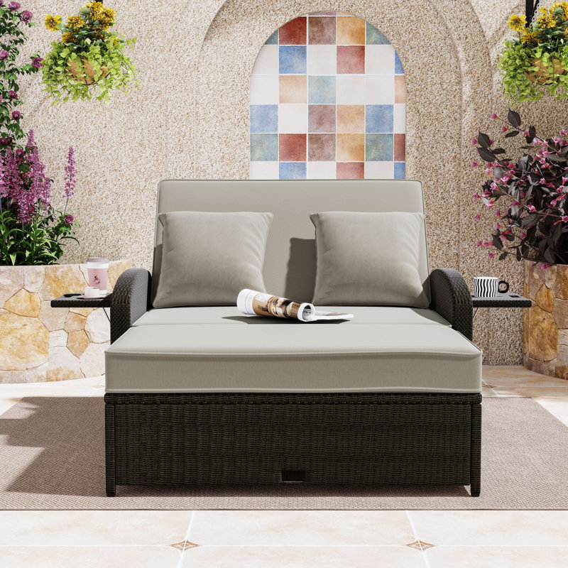 Outdoor PE Rattan Double Chaise Lounge with Cushions and Adjustable Back, Gray, Gray