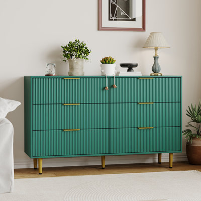 Commode à 6 tiroirs cannelés, commode en bois de 56 po de largeur avec poignées dorées, rangement pour le couloir et l'entrée