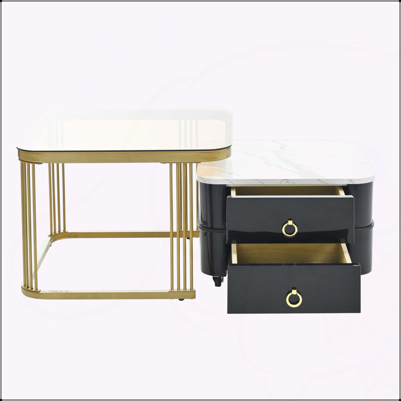 2-in-1 Square Nesting Coffee Table with Wheels & Drawers, Stackable Side Table with High Gloss Marble Grain Top, End Table Set for Living Room