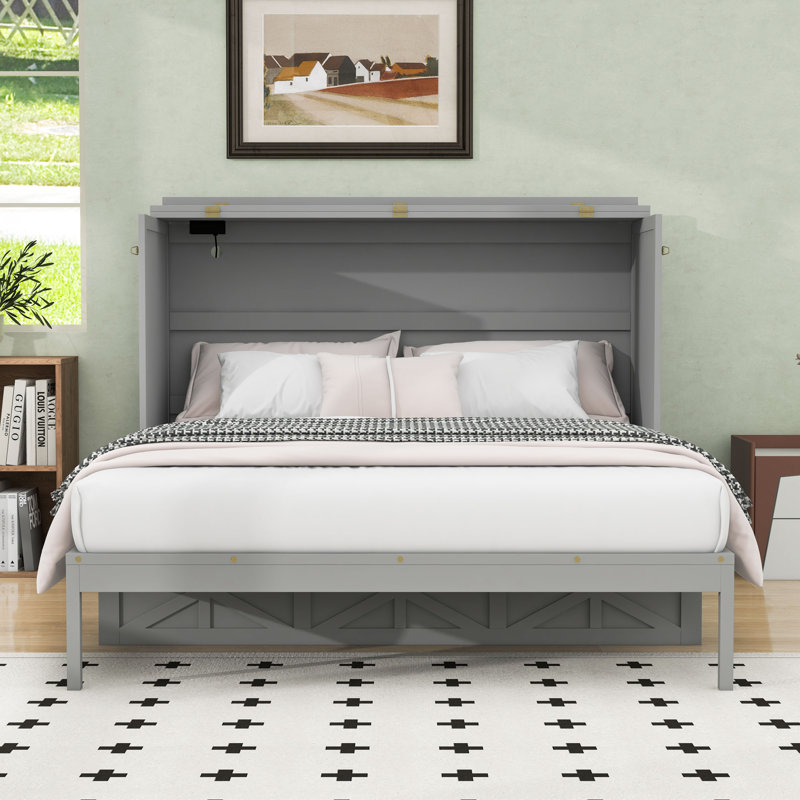 Lit escamotable avec tiroirs et USB Murphy, Gris brossé