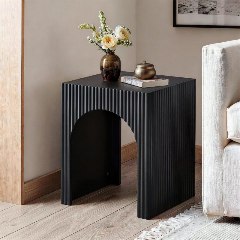 Claverton Modern Black Wood End Table with Ribbed Curved Base, Black