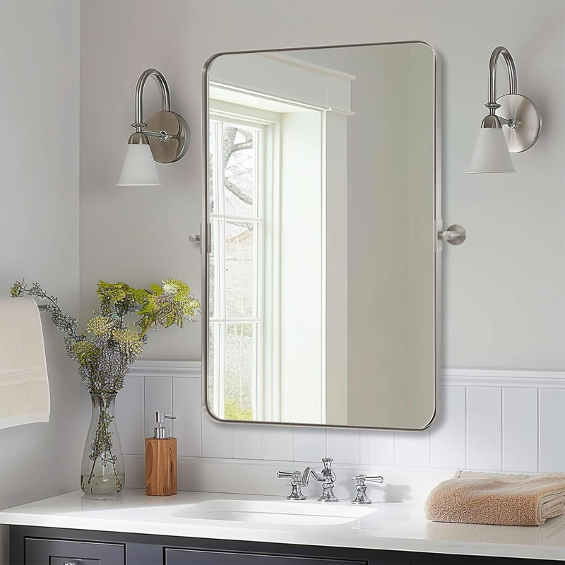 Miroir de salle de bain mural moderne inclinable | Cadre pivotant en acier inoxydable, Nickel brossé, 32 po x 24 po
