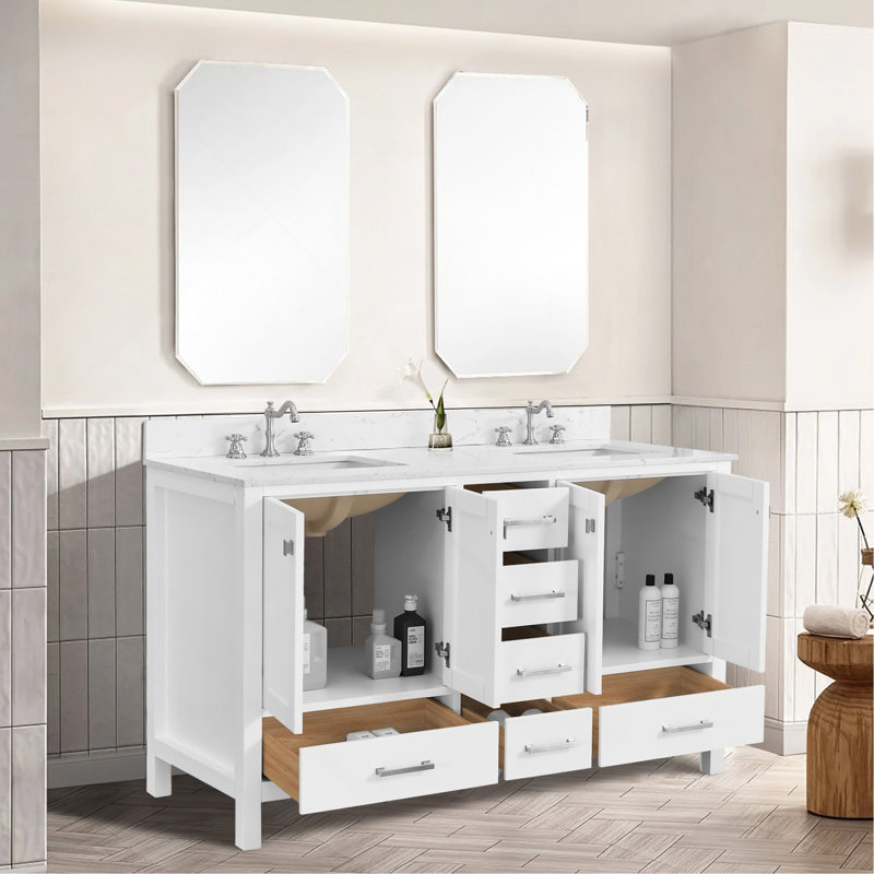 Meuble-lavabo 60 po, meuble-lavabo avec cadre en bois massif, comptoir autoportant avec double vasque, Blanc