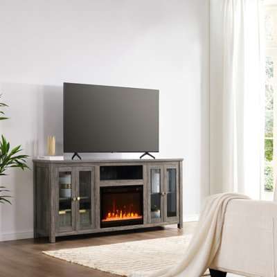 Meuble télé 70 po avec finition noyer gris 70 po avec chaufferette, lumière DEL, armoires, tablettes